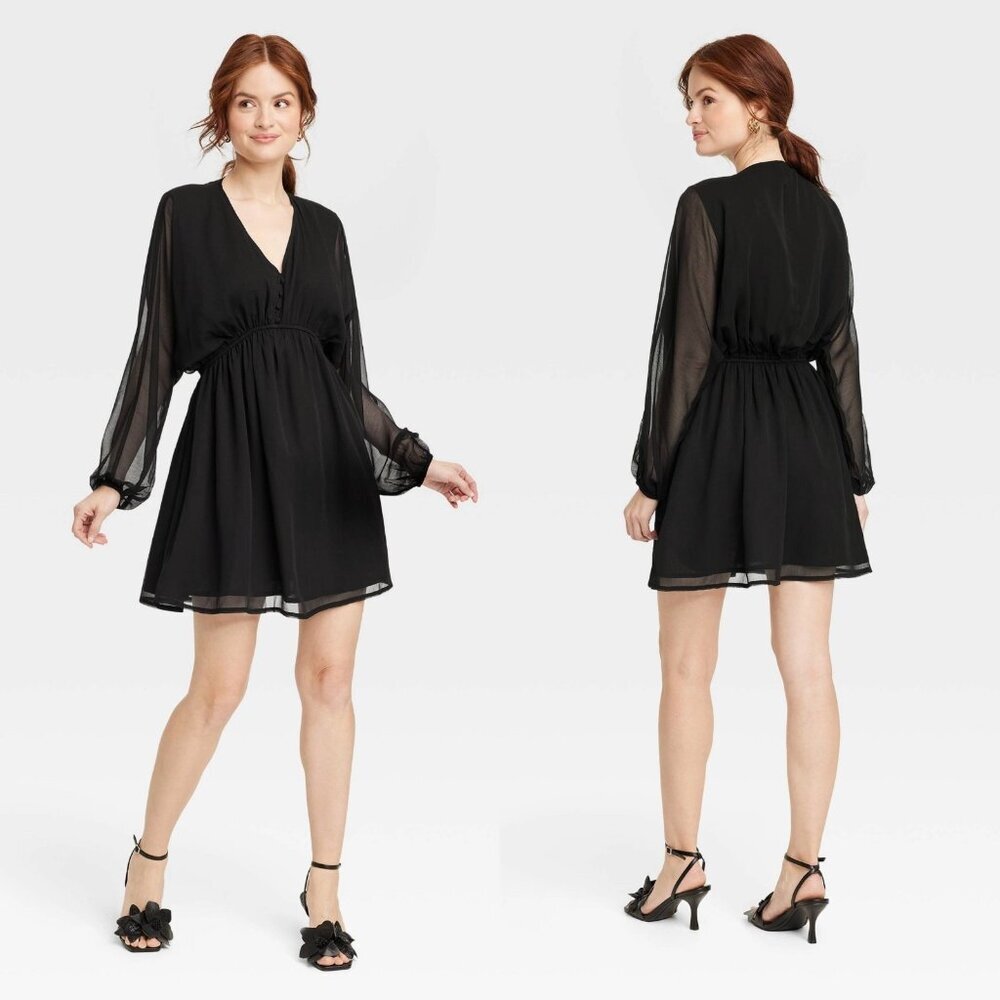 XS - Womens Balloon Long Sleeve Mini Dress - A New Day - Black